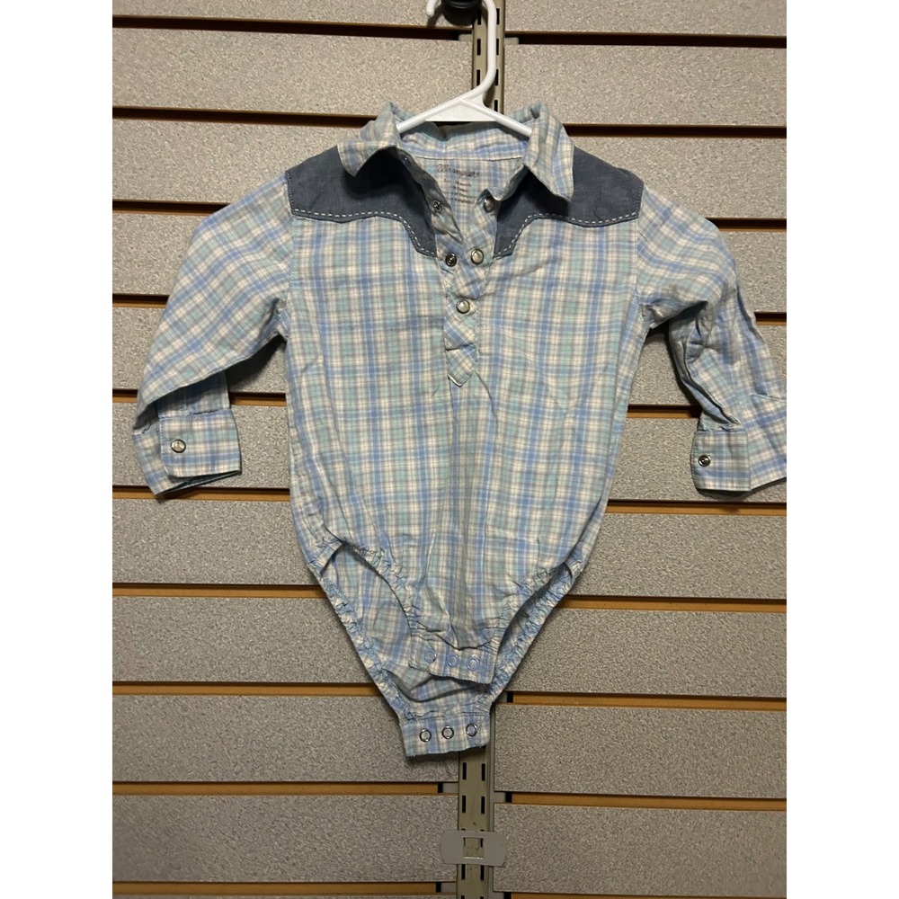 Wrangler Toddler Boys Blue Plaid Western Snap Bodysuit Embroidered Horse 12 - 18